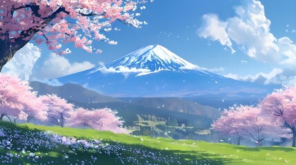 Eternal Spring at Mount Fuji: A breathtaking vista of Mount Fuji adorned with blooming cherry blossoms, capturing the serene beauty of Japan in an anime art style.