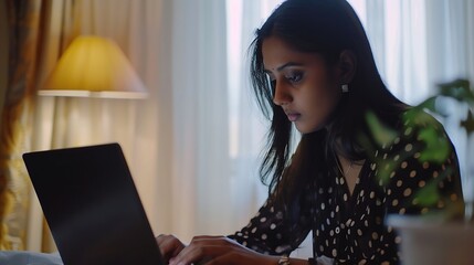 Aufkleber - Indian asian young working professional female working on laptop at home wears smart formals : Generative AI