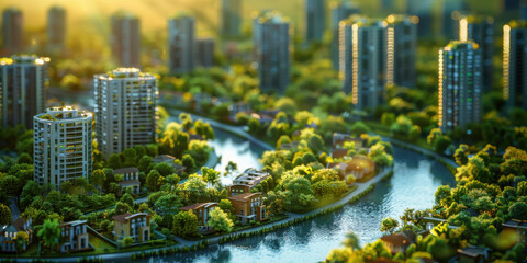 Aerial view of a contemporary cityscape showcasing high-rise buildings surrounded by dense greenery and a winding river.