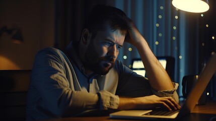 Leinwandbilder - Tired male office worker working late at night using desktop computer and touching forehead Exhausted businessman working on laptop computer until night Concept of stressful life and d : Generative AI