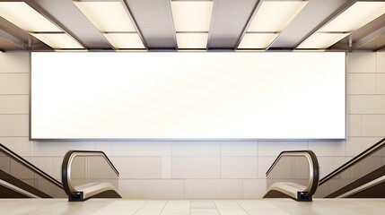 Poster - Mock up horizontal large billboard on the wall near escalator in shopping mall Four Lamps hanging on ceiling neon lighting on the wall Attractive empty space for insert advertising med : Generative AI