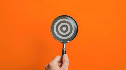 Poster - Hand holding target board inside vintage magnifying glass for focus business objective on orange background and copy space Search goal strategy success successful marketing strategy go : Generative AI