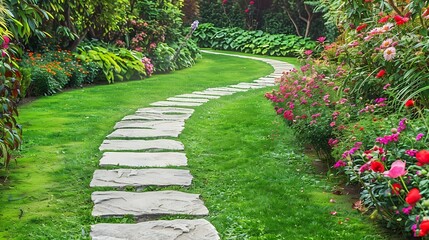 View of a stone paved path in a beautiful garden with a green grass lawn and colourful flowers in bloom : Generative AI