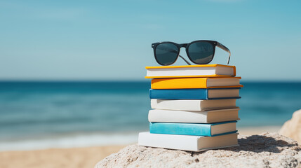 Wall Mural - A stack of colorful books with sunglasses on top, set against a serene beach background. Ideal for travel and leisure concepts.