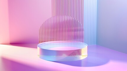 Aufkleber - Bright colourful abstract background made by transparent and ribbed acrylic glass Empty showcase for makeup and cosmetics product commercial Podium for new package demonstration and ad : Generative AI