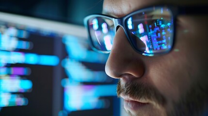 Leinwandbilder - Closeup portrait of focused software engineer wearing eyeglasses looking at computer screen working with big data Programming code reflecting in glasses Data science Machine Learning A : Generative AI