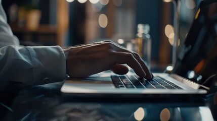 Canvas Print - Business Man Entrepreneur Typing On Laptop Doing Research Glass Reflection Young Male Professional Using Computer Sitting At Office Desk Busy Worker Freelancer Working On Notebook Devi : Generative AI