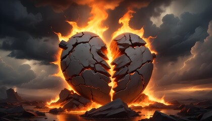 A dramatic image of a broken, stone heart in flames, set against a dark and stormy sky. The heart is shattered into two pieces, and the flames are intense and fiery