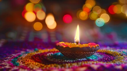 Wall Mural - Diwali Celebration with Traditional Clay Diya Lamp and Colorful Lights in Festive Bokeh Background