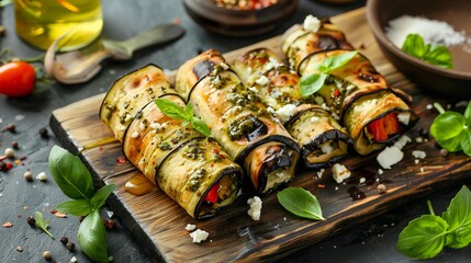 Wall Mural - Delicate Eggplant Rolls with Pesto and Feta Cheese Served on Rustic Wooden Plate in Soft Focus Light