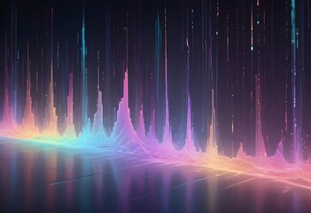 A digital illustration of a colorful, abstract wave form with vertical lines of light, resembling a digital soundwave, a futuristic landscape, or a flowing energy field.