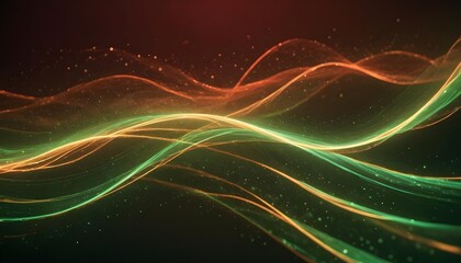 An abstract, digital illustration of swirling lines of light in green and orange against a dark background, resembling energy, waves, or cosmic phenomena.