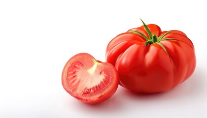 Vine ripe beefsteak beef steak red tomato - the edible berry of the plant - Solanum lycopersicum - ready to be cut, cooked and eaten or used as an ingredient in cooking. isolated on white background