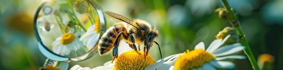 Poster - daisy magnifying glass bee. Selective focus