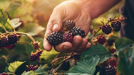 Poster - close-up of blackberry picking. Selective focus