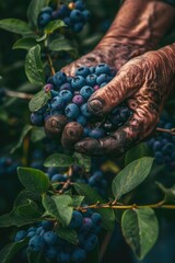 Poster - close-up of blueberry picking. Selective focus