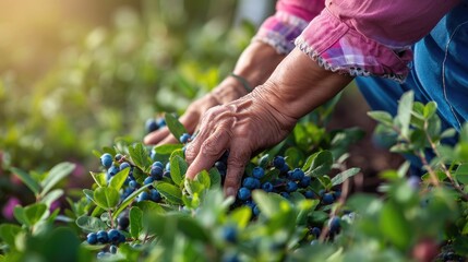 Poster - close-up of blueberry picking. Selective focus