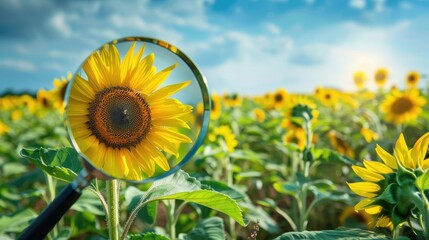 Wall Mural - a field of sunflowers and a magnifying glass. Selective focus