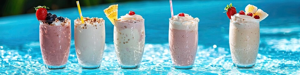 Wall Mural - milk fruit cocktails on the background of the pool. Selective focus