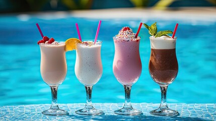 Wall Mural - milk fruit cocktails on the background of the pool. Selective focus