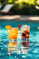 Wall Mural - cocktails on the background of the pool. Selective focus