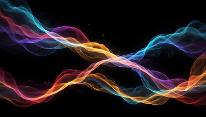 Wall Mural - Abstract digital image of glowing blue, purple, and orange waves on a black background with sparkling particles, creating a dynamic and vibrant effect.