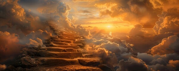 Wall Mural - Stairway to heaven, stone steps leading into a sunset. Free copy space for banner.