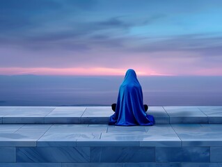 A peaceful sunset scene with a person praying alone on a rooftop, reflecting on the personal and spiritual aspects of Ramadan fasting