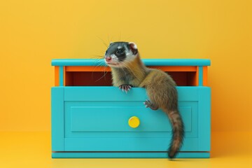 Poster - A small ferret is sitting on top of a yellow dresser