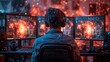 © LuvTK - A high-tech gaming setup featuring a male gamer intensely focused on his game, surrounded by multiple monitors and a high-end gaming chair.