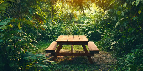 Wall Mural - Natural Harmony: A peaceful outdoor setting with a wooden picnic table and mismatched chairs, surrounded by lush greenery.