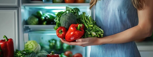 Wall Mural - the woman puts fresh vegetables in the refrigerator. Selective focus