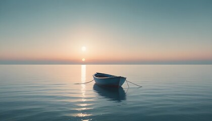 A single boat floating on a calm, blue sea at sunset. The image conveys a sense of tranquility and peace.