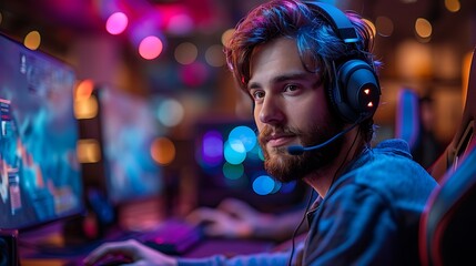 Wall Mural - A male gamer in a high-tech gaming hub, surrounded by multiple monitors.