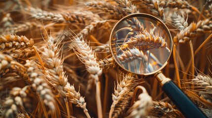 Sticker - wheat field and magnifying glass. Selective focus