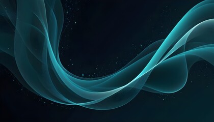 Poster - Abstract image of a glowing turquoise wave on a black background with sparkling particles.