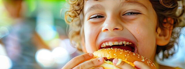 Wall Mural - a child eats a burger close-up. Selective focus