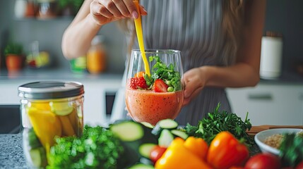 Wall Mural - a woman prepares a vegetable smoothie in the kitchen. Selective focus