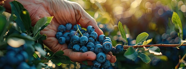 Poster - close-up of blueberry picking. Selective focus