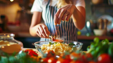 A woman is cooking pasta with a lot of spices