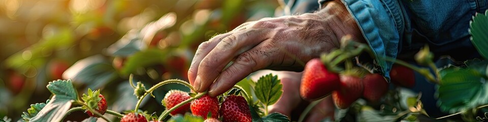 Wall Mural - close-up of picking strawberries. Selective focus