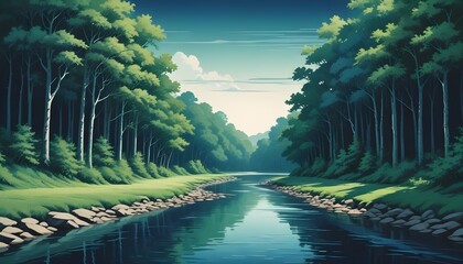 Wall Mural - Digital illustration of a river winding through a lush green forest. The scene is serene and peaceful, with a soft, blue sky in the background.