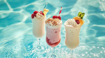 Wall Mural - milk fruit cocktails on the background of the pool. Selective focus