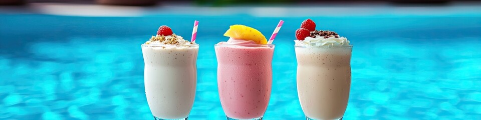 Wall Mural - milk fruit cocktails on the background of the pool. Selective focus