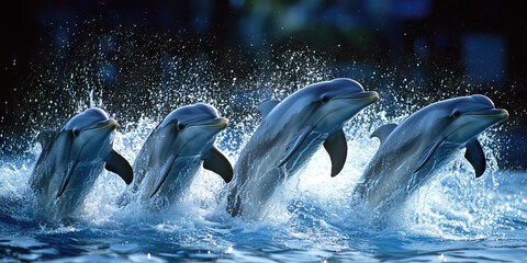 Flipper's Paradise: A pod of dolphins breaches the surface in unison, spraying water into the air