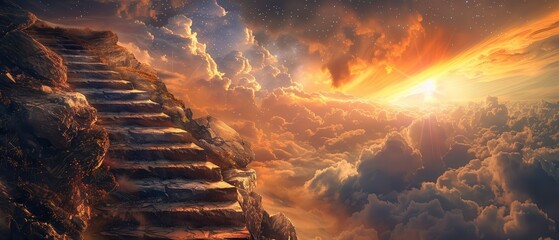 Wall Mural - Stairway to heaven, stone steps leading into a sunset. Free copy space for banner.