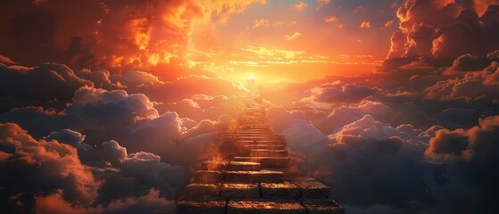 Wall Mural - Stairway to heaven, stone steps leading into a sunset. Free copy space for banner.