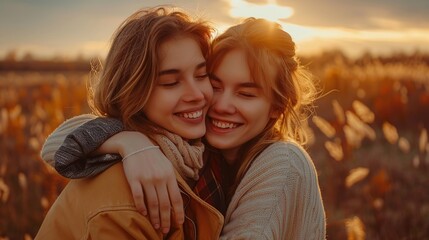 Wall Mural - Happy lesbian couple in love, girlfriends hugging and smiling in nature at sunset, autumn season. Romantic scene between two loving women, female gay tenderness