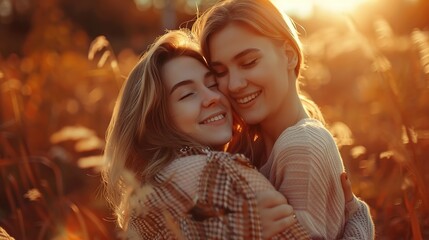 Poster - Happy lesbian couple in love, girlfriends hugging and smiling in nature at sunset, autumn season. Romantic scene between two loving women, female gay tenderness