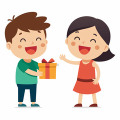 Wall Mural - Cute sister funny expression receiving gift and brother laughing  vector art illustration